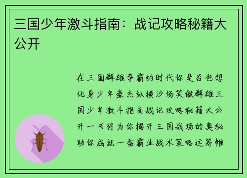 三国少年激斗指南：战记攻略秘籍大公开